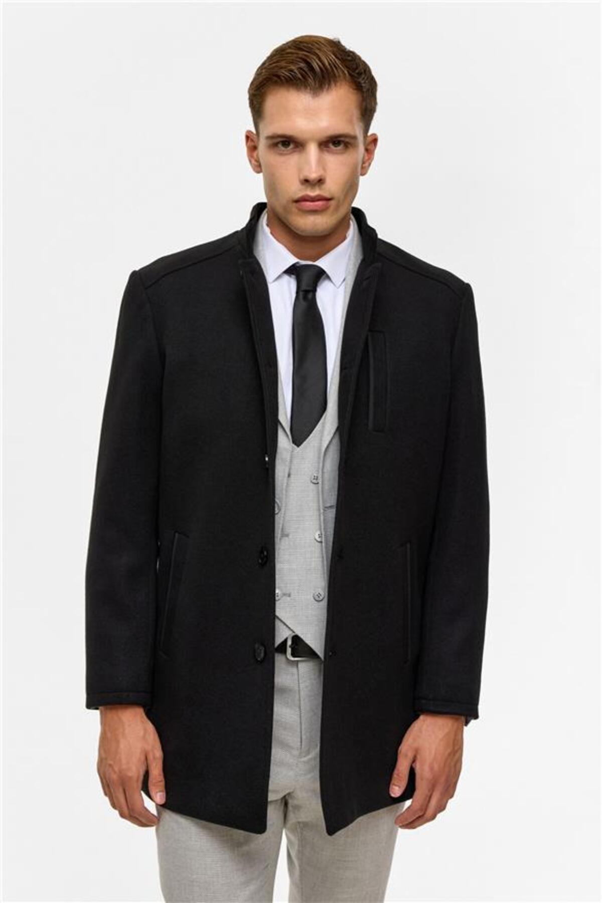SÜVARİ  Siyah Regular Düz Hakim Yaka Kaban - Görsel 5