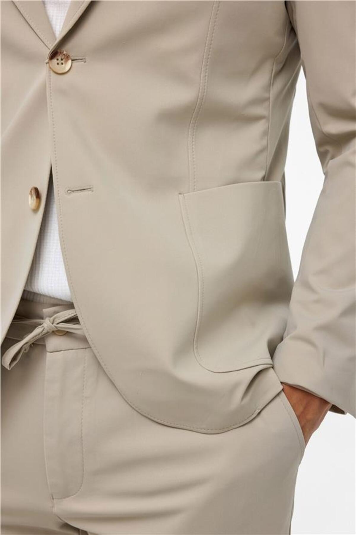 SÜVARİ  Bej Slim Mono Yaka Düz Torba Cep 6 Drop Takım Elbise - Görsel 5