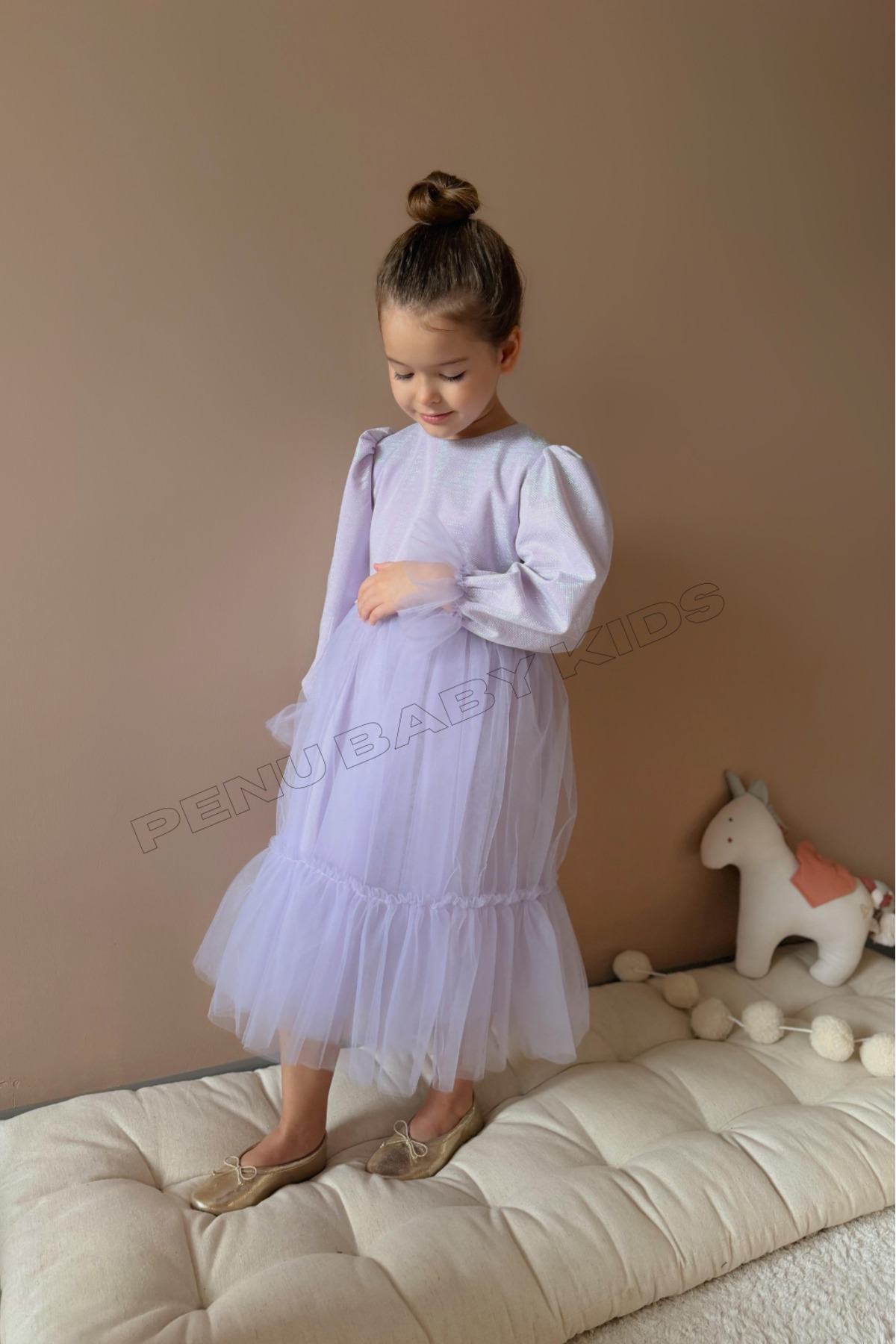 penu baby kids Lila Üstü Pırıltılı Kumaş Fırfırlı Uzun Etekli Uzun Kollu Kız Çocuk Kız Bebek Elbise fotoğrafı 6 (önizleme)