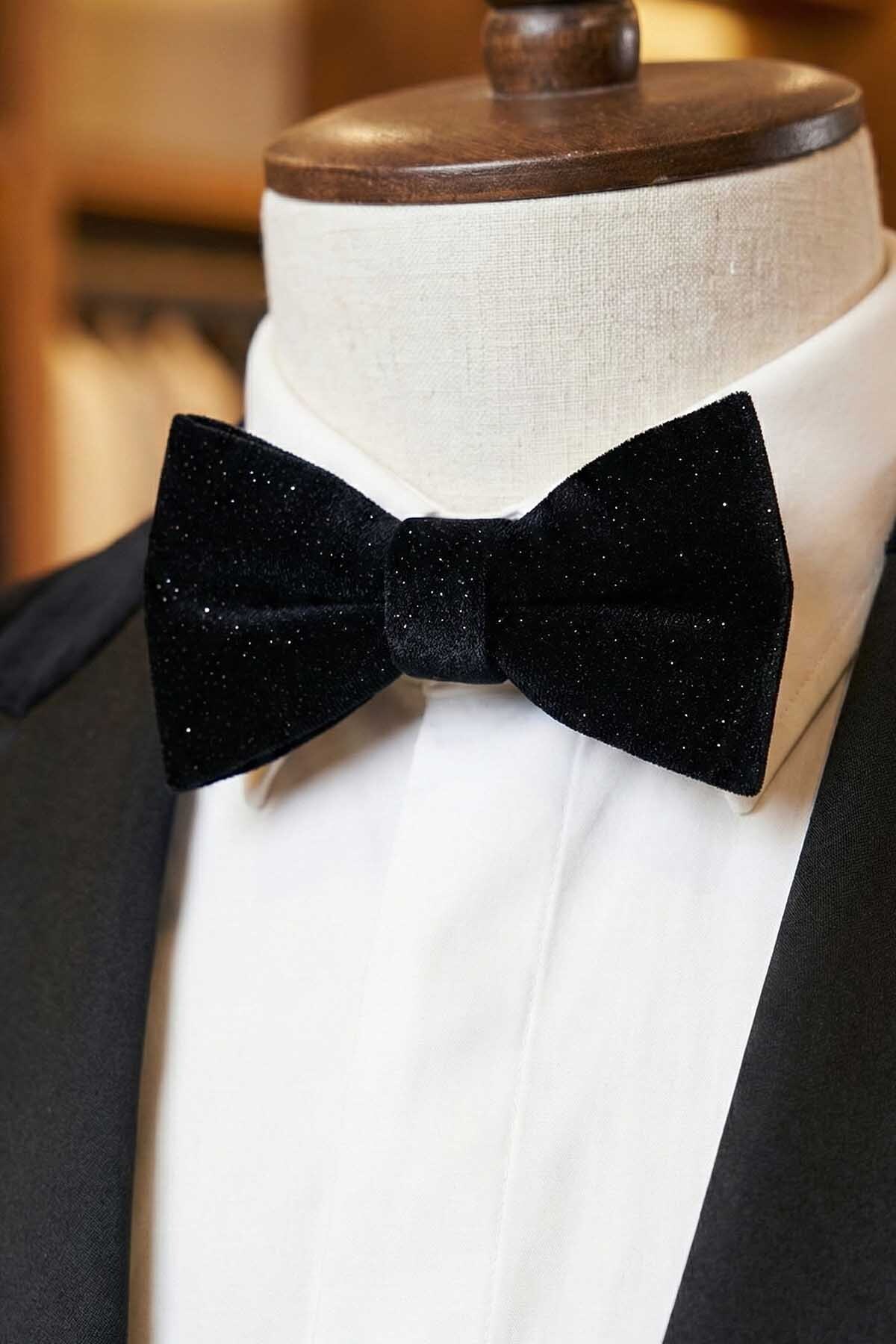  پاپیون دامادی مخمل مشکی اکلیلی P1692