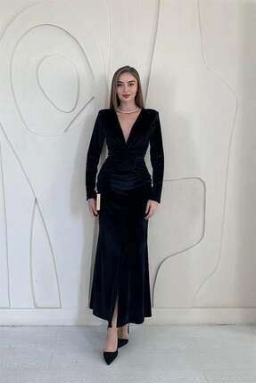 Genel Markalar Siyah Önü Yırtmaçlı Güllü Elbise