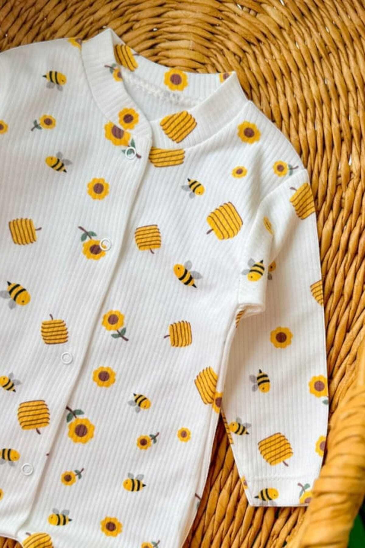 dinamik çocuk Bebek Arı Baskılı Çıtçıtlı Yenidoğan Bebek Tulumu %100 Pamuk Esnek 1-3-6 Aylık Unısex fotoğrafı 2 (önizleme)