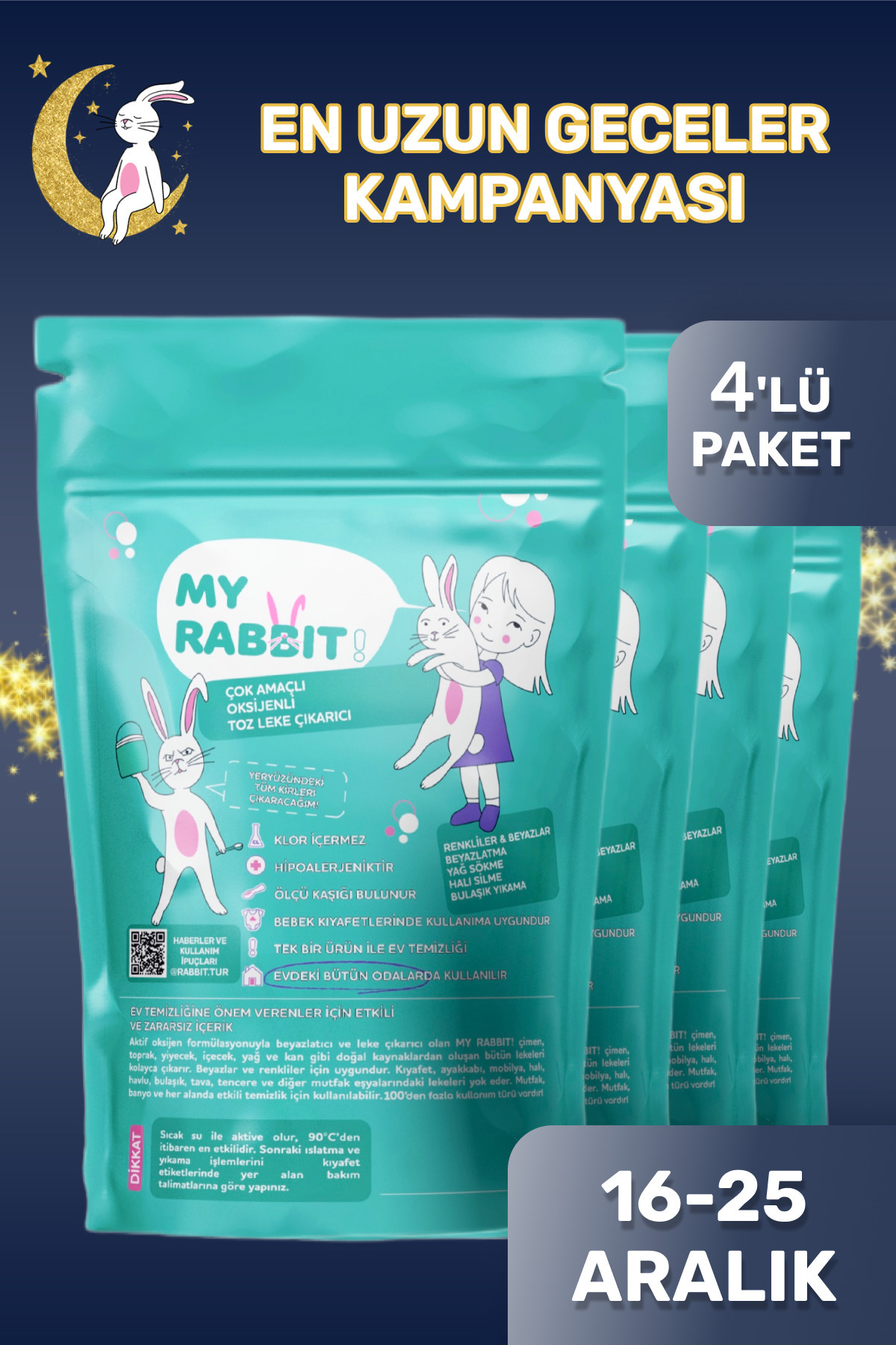 My Rabbit! Çamaşır Ve Yüzey Için Çok Amaçlı Oksijenli Toz Leke Çıkarıcı ve beyazlatıcı 4'lü Paket 4 X 800 gr