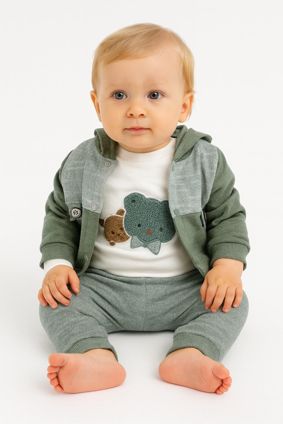 dinamik çocuk Erkek Bebek Ceketli 3lü Takım Ayıcık Nakışlı Mevsimlik Kapüşonlu 3 Parça Zıbınlı 0-3-6-9aylık fotoğrafı 2 (önizleme)