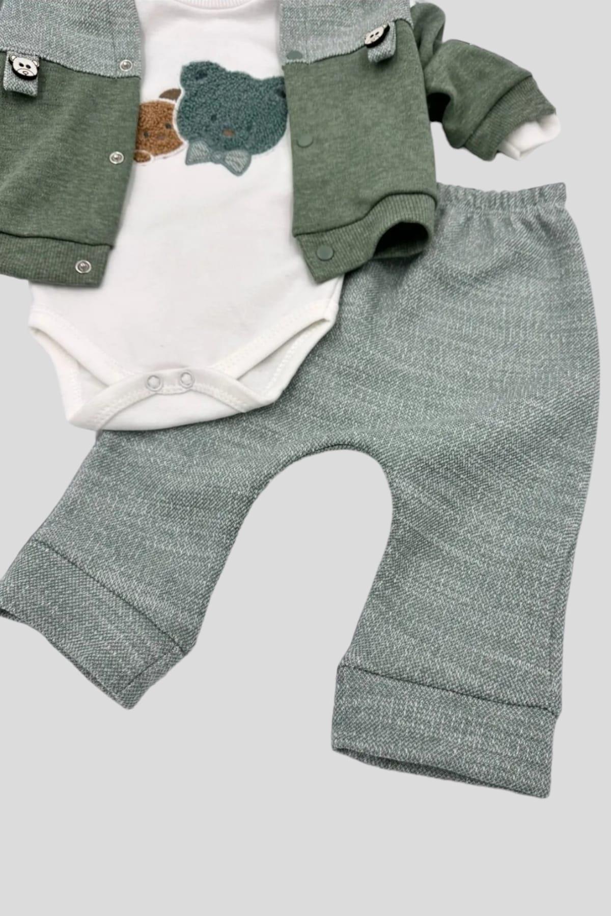 dinamik çocuk Erkek Bebek Ceketli 3lü Takım Ayıcık Nakışlı Mevsimlik Kapüşonlu 3 Parça Zıbınlı 0-3-6-9aylık fotoğrafı 5 (önizleme)