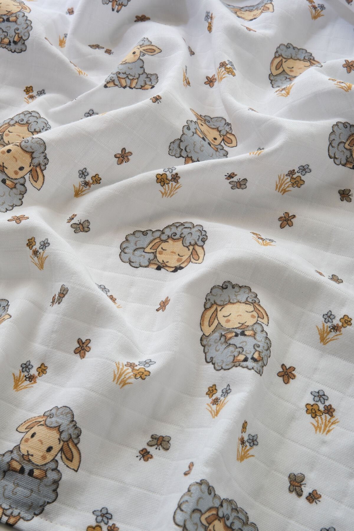 Caline Baby Müslin Bezi Örtü Kuzu Desen - Gri 120x120 cm + 4 Adet Ağız Mendili fotoğrafı 2 (önizleme)