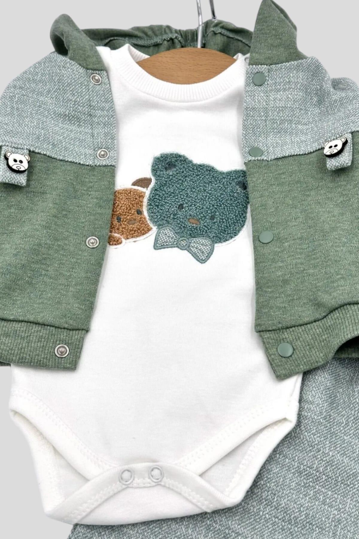 dinamik çocuk Erkek Bebek Ceketli 3lü Takım Ayıcık Nakışlı Mevsimlik Kapüşonlu 3 Parça Zıbınlı 0-3-6-9aylık fotoğrafı 4 (önizleme)