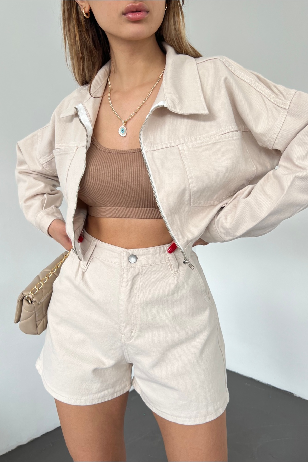 Fav Style  Kadın Fermuar Kapamalı Çift Cepli Crop Kot Ceket Bej - Görsel 8