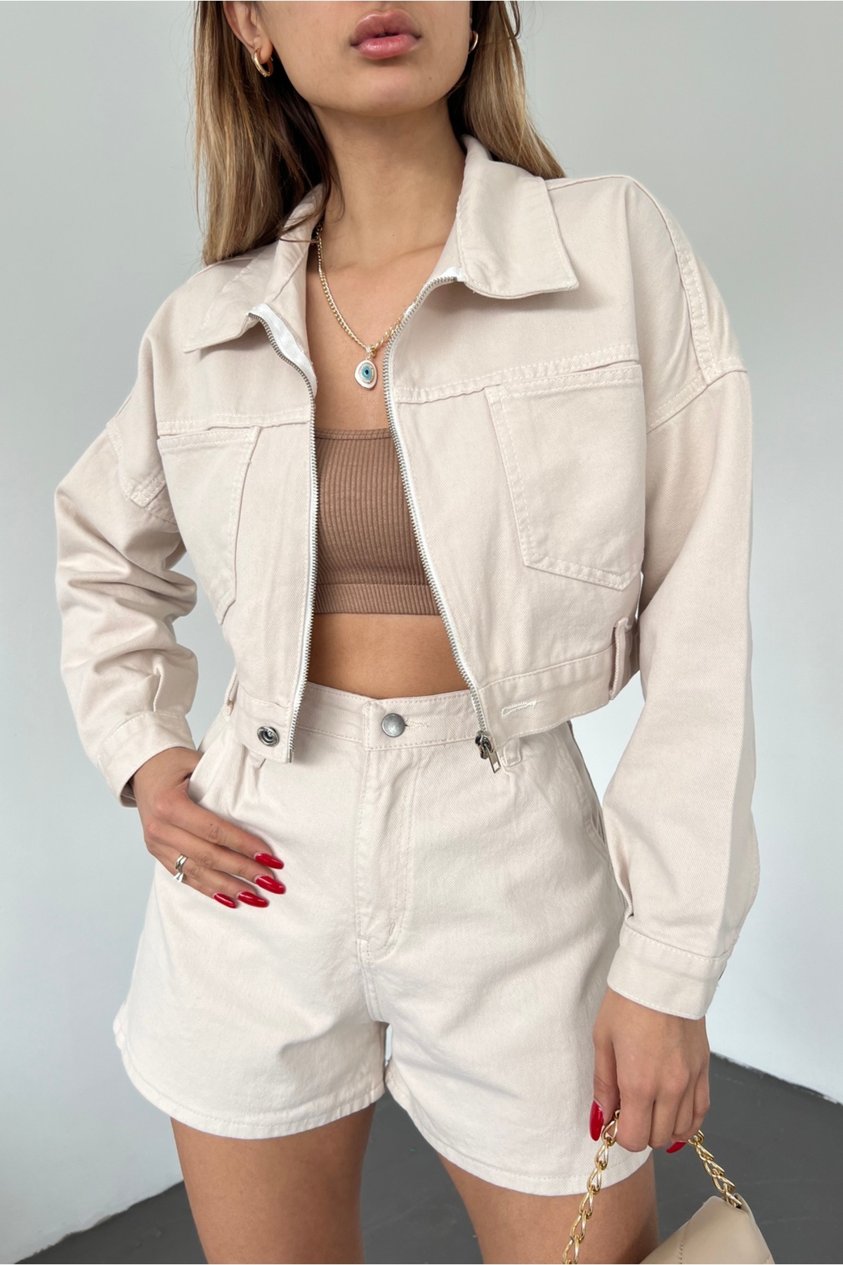 Fav Style  Kadın Fermuar Kapamalı Çift Cepli Crop Kot Ceket Bej - Görsel 5