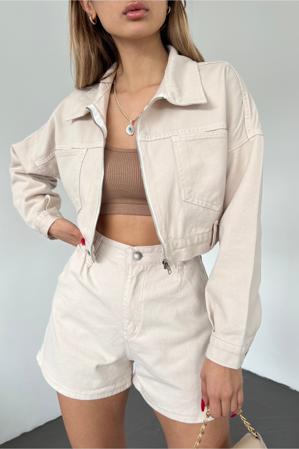 Fav Style  Kadın Fermuar Kapamalı Çift Cepli Crop Kot Ceket Bej - Görsel 3