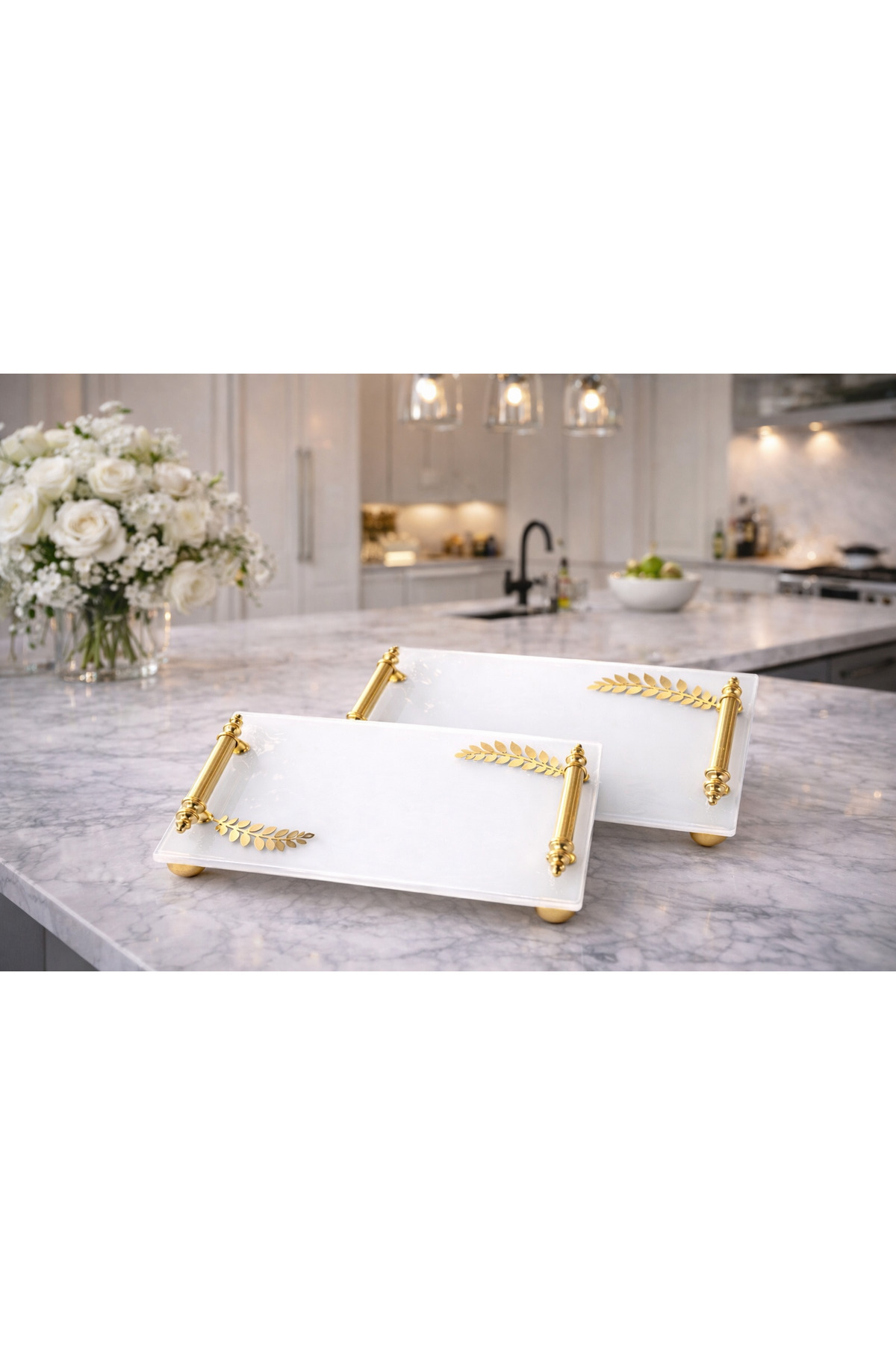 COCEM Söz & Nişan Sunum Tepsisi İkili Set | Cam Tepsi Gold Kulplu | Nişan Tepsisi | beyaz boyalı cam