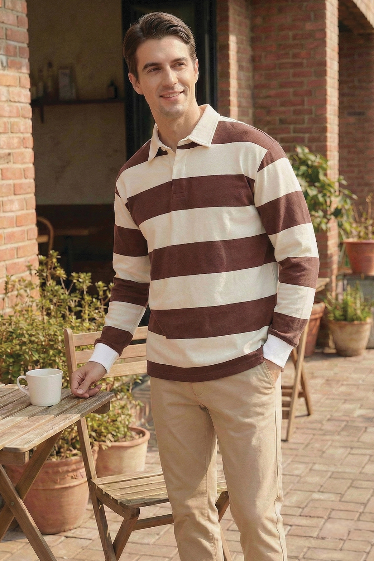 Ghassy Co. Erkek London Çizgili Şeritli Pamuklu İçi Polarlı Polo Yaka Sweatshirt görsel 4