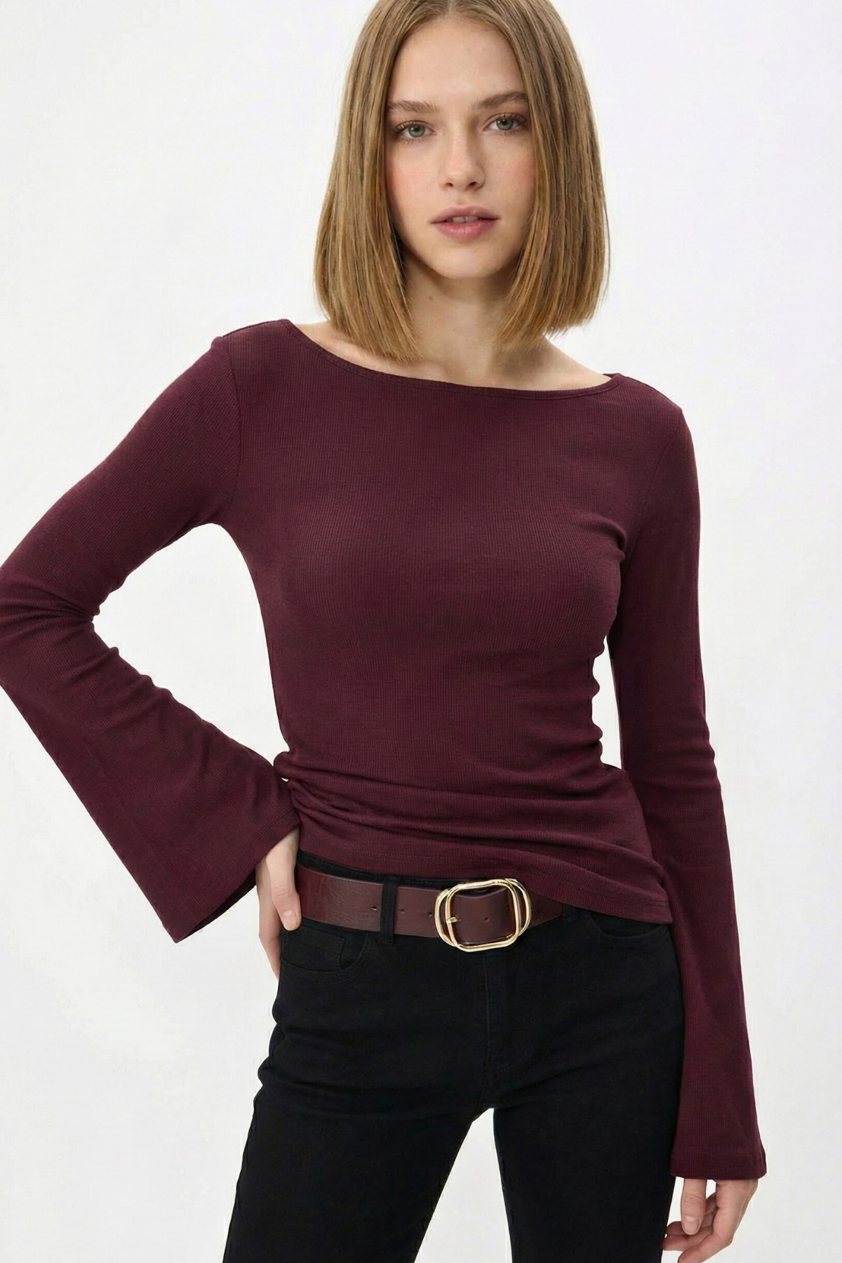 VODENS  Bordo Çan kollu %100 Pamuk basic tişört Bluz - Görsel 2