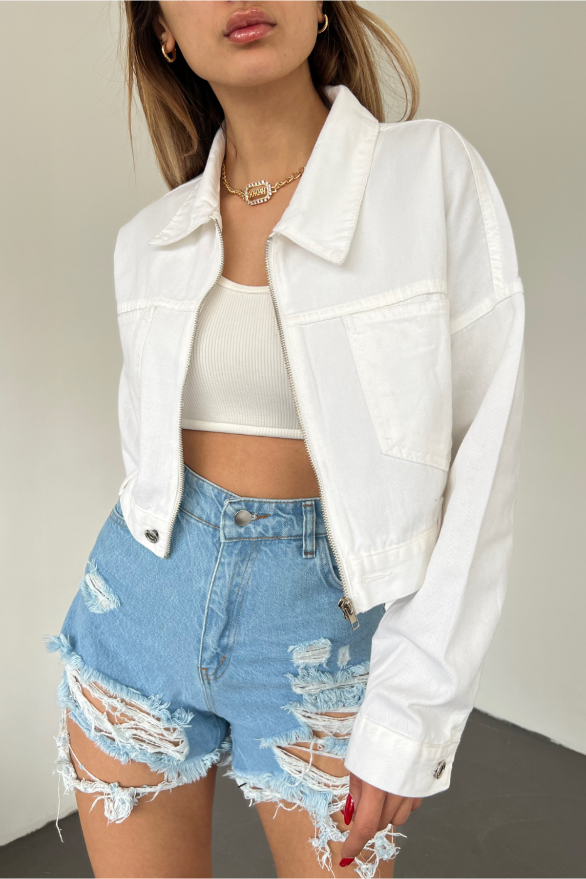 Fav Style  Kadın Fermuar Kapamalı Çift Cepli Crop Kot Ceket Beyaz