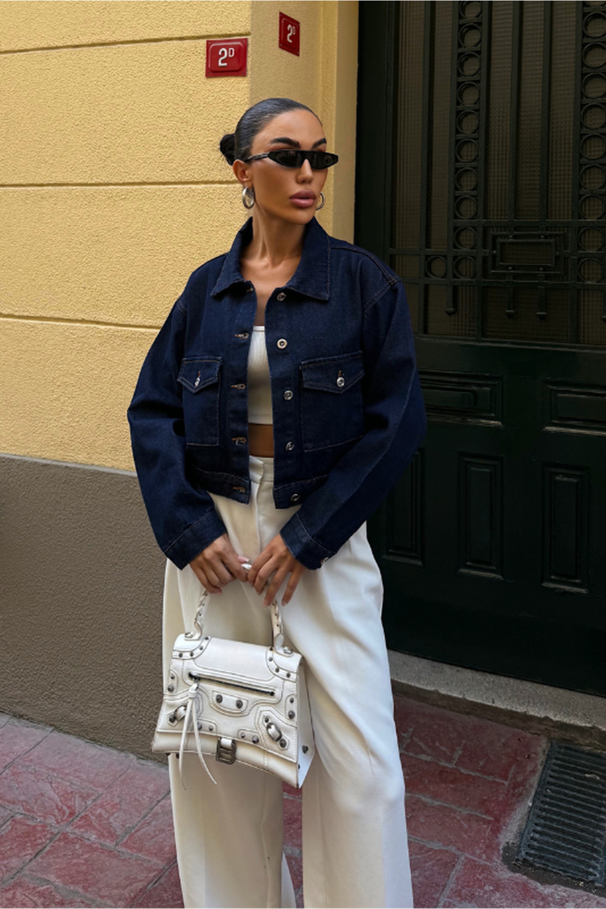 Fav Style  Kadın Çift Cepli Crop Denim Ceket Lacivert - Görsel 6