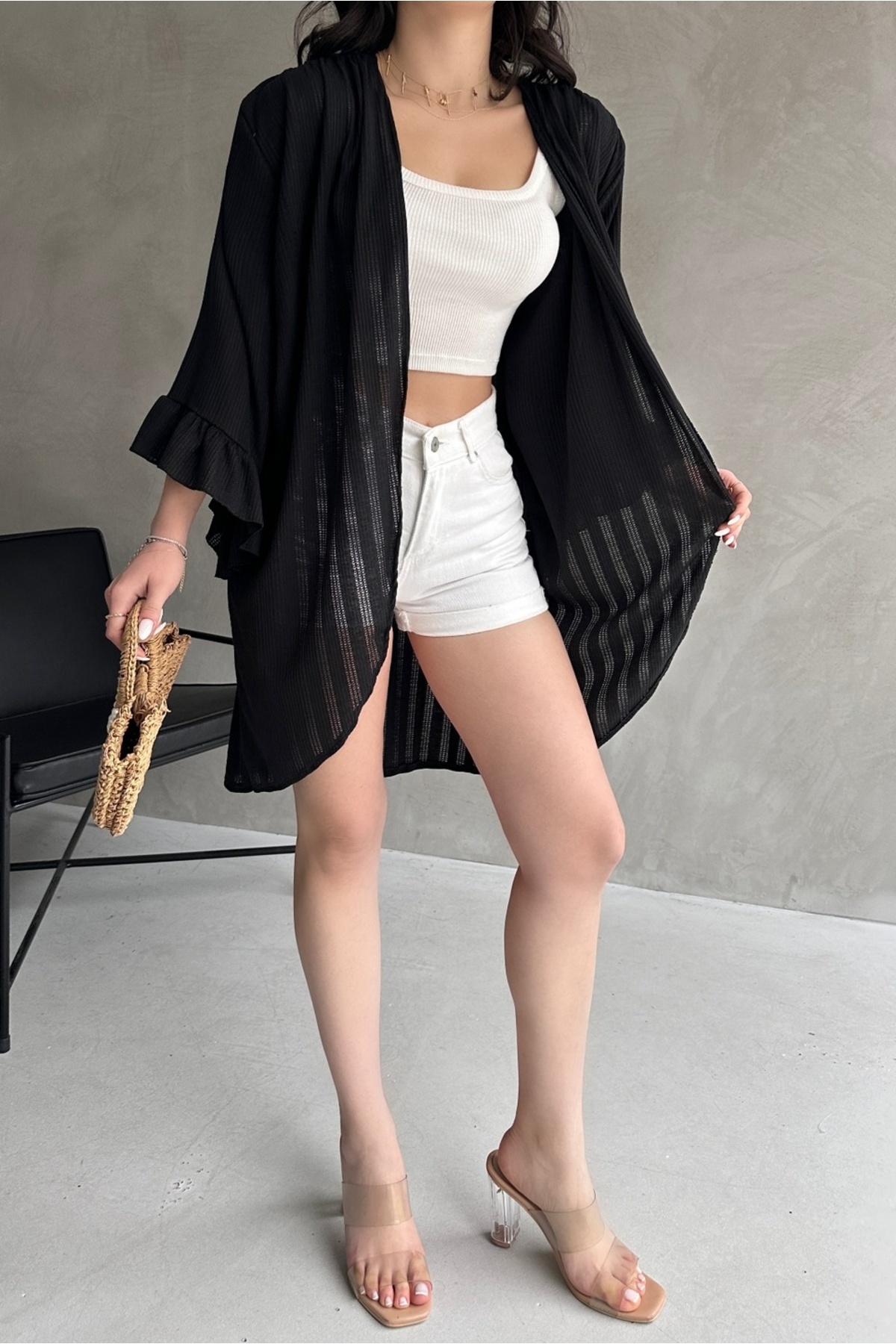 Fav Style  Kadın Kolları Volanlı Truvakar Kol Baharlık Hırka Siyah - Görsel 2