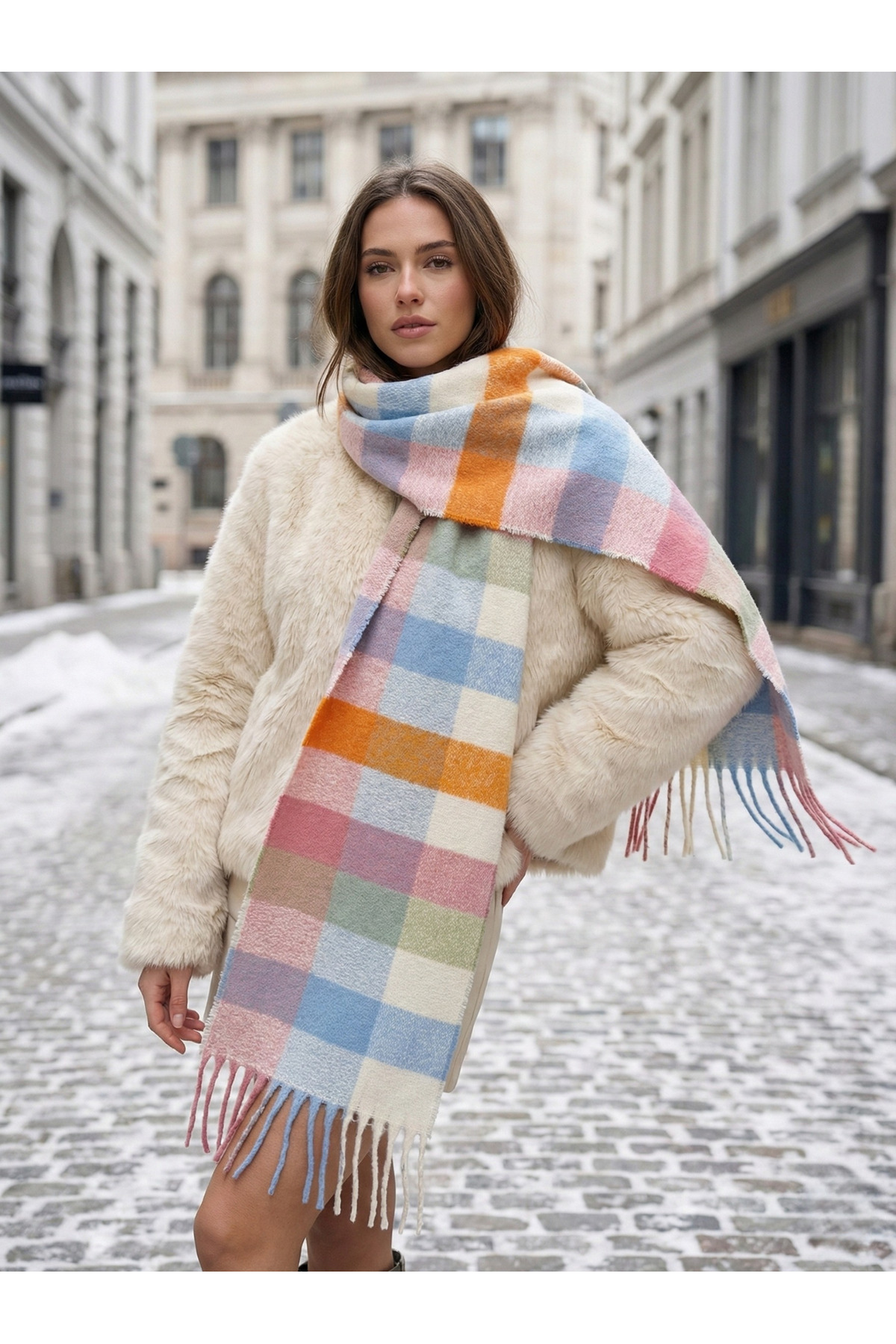 Luminos Butik Pembe Kare Desenli Püsküllü Kalın Sıcak Tutan Şık Kışlık Atkı Sal1292