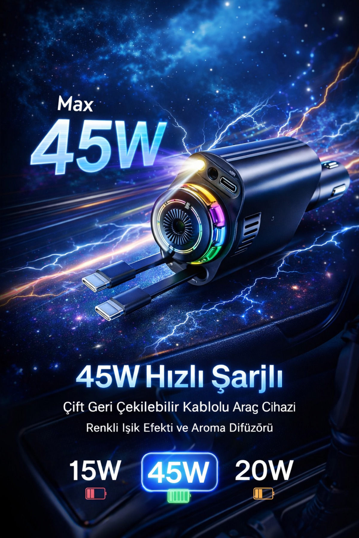 FaroxTech 45W Işıklı ve Kokulu Araç Şarj Cihazı | Çift Çekilebilir