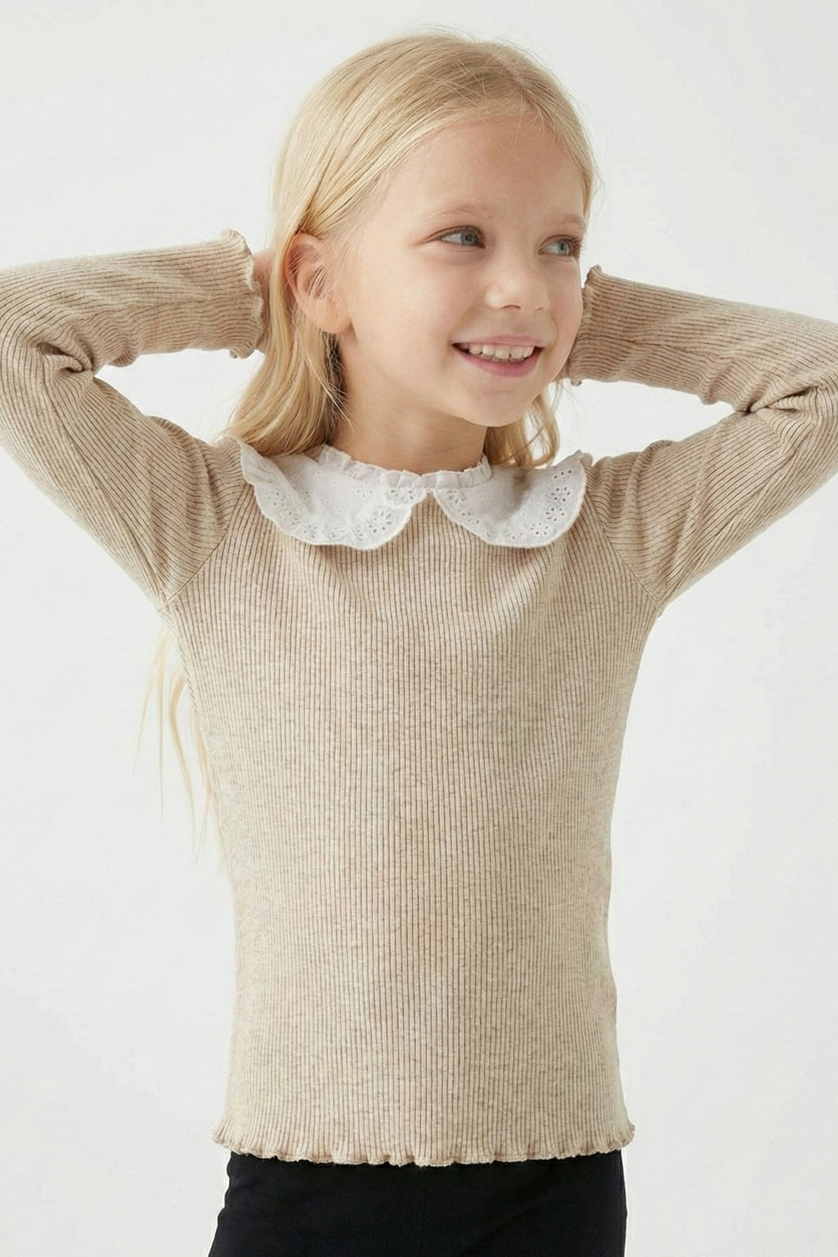 Kyron KIZ ÇOCUK YAKA DETAYLI TRİKO KAZAK-KREM fotoğrafı 3 (önizleme)