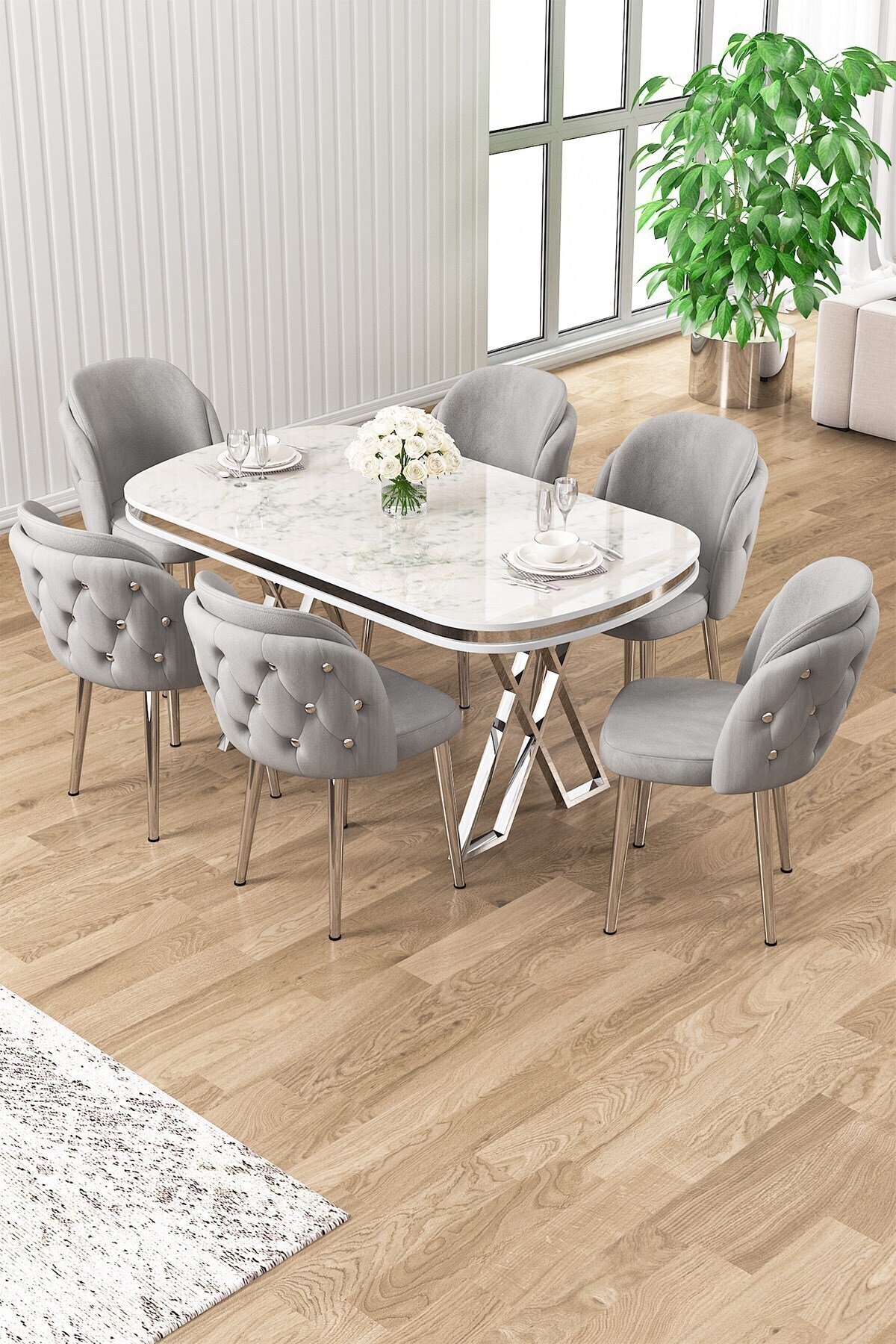 Canisa Ela Serisi Lak Panel Beyaz Mermer Desen Krom Ayak Masa Takımı 6 Gri Sandalye