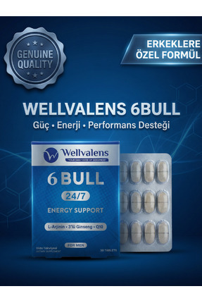 Wellvalens 6 Bull Erkek Takviyesi 30 Tablet | 3 Ginseng, L-Arginine ve CoQ10