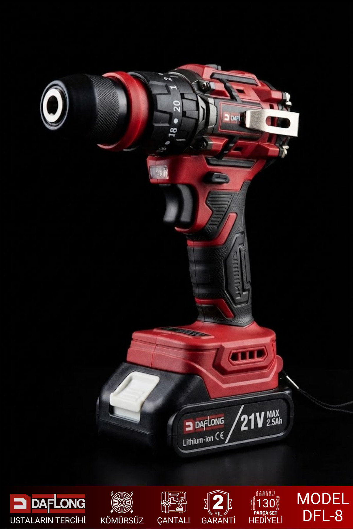 Daflong 21V 130 PARÇA ÇELİK MANDREN KÖMÜRSÜZ ASKILI ŞARJLI DARBELİ