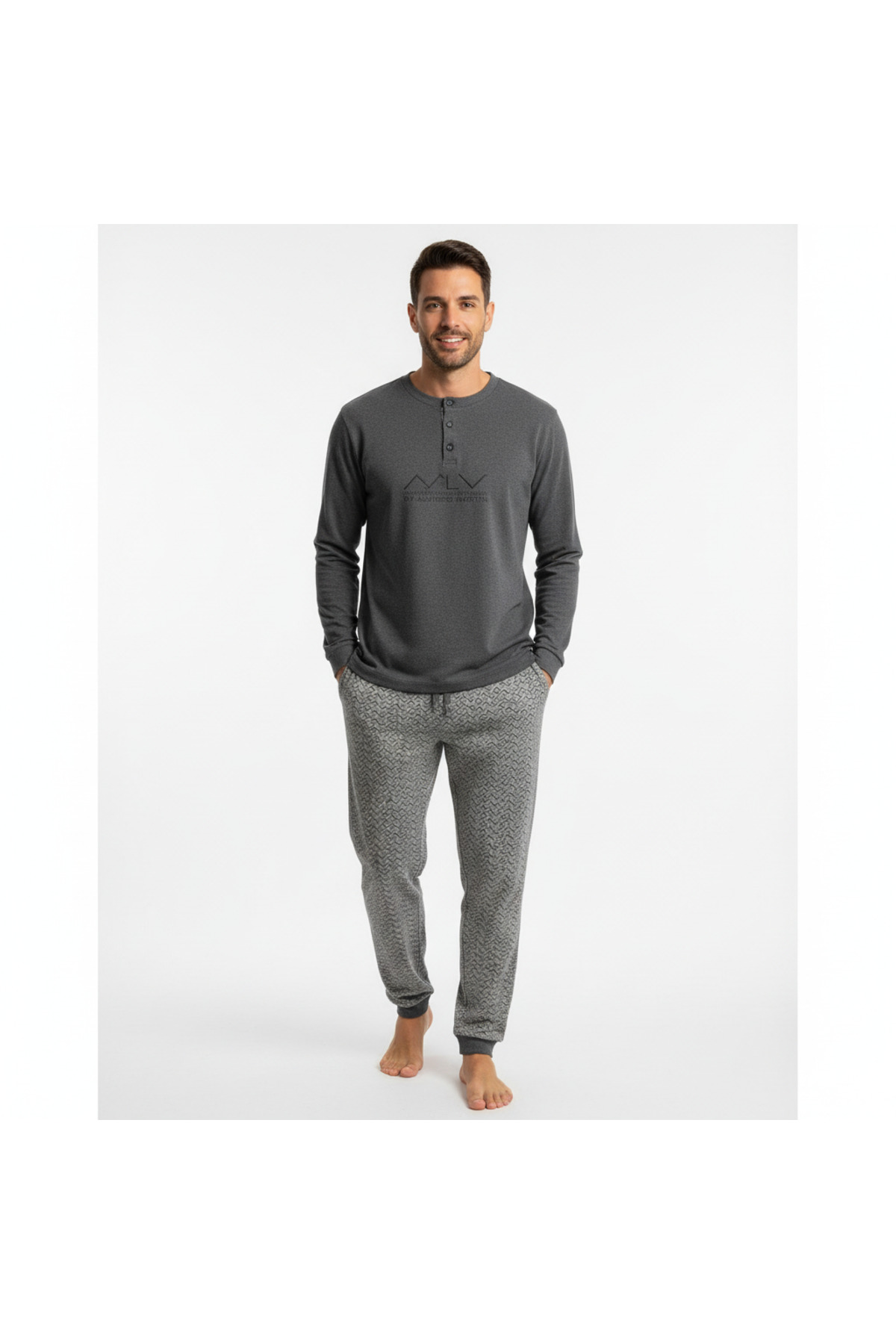 BONBON  Erkek Pamuklu Gri Melanj Renk Pijama Takımı AL001 V2 - Görsel 2