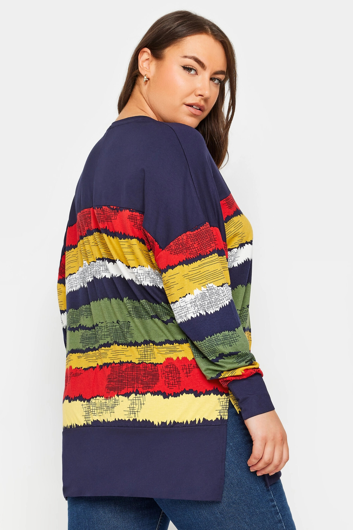 Stil Diva  Büyük Beden V Yaka Çizgili Yanları Yırtmaçlı Uzun Kollu Bluz 303117 - Görsel 7