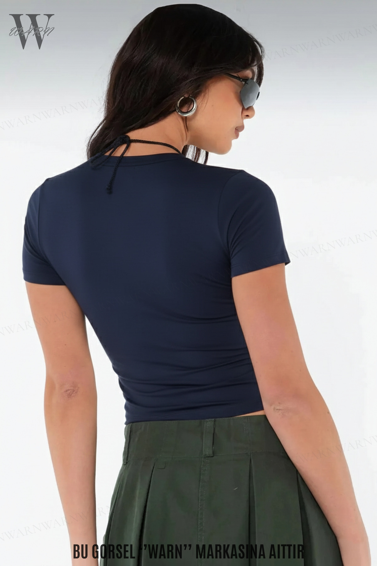warn  Kadın Lacivert Bisiklet Yaka Likralı Karpuz Kol Body Crop T-shirt Yazlık Esnek Kumaş - Görsel 4