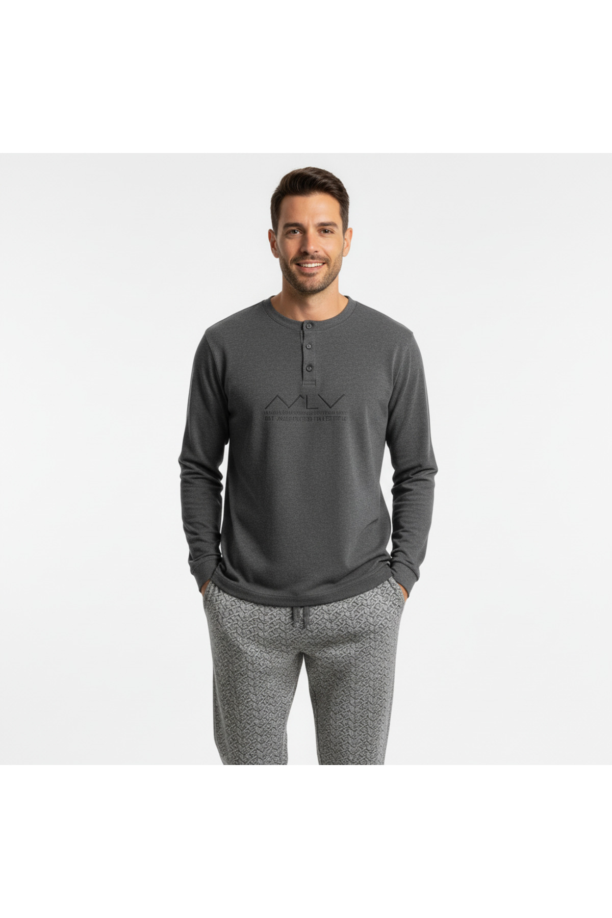 BONBON  Erkek Pamuklu Gri Melanj Renk Pijama Takımı AL001 V2