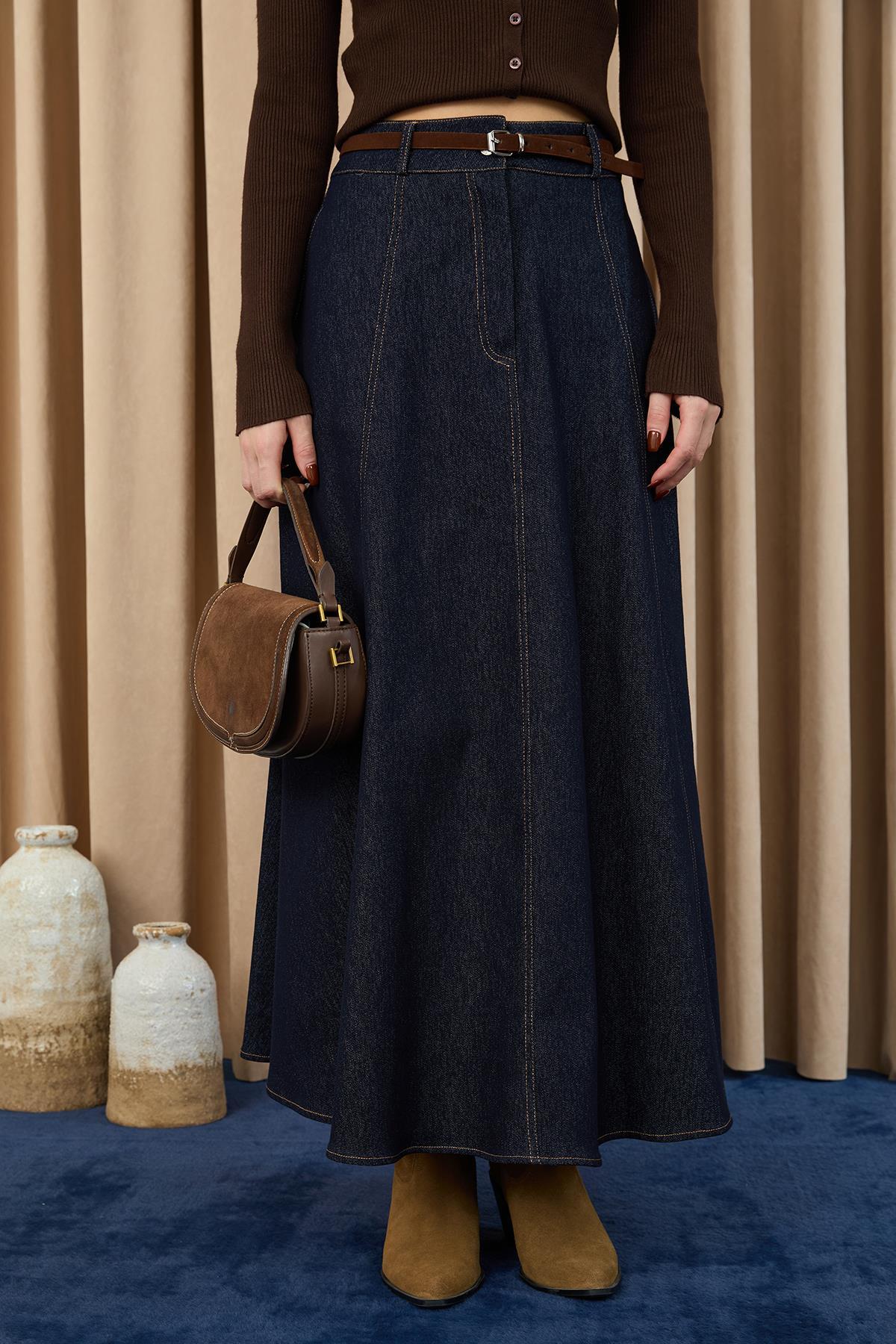 Genel Markalar  Kemerli Denim Etek - Lacivert - Görsel 3