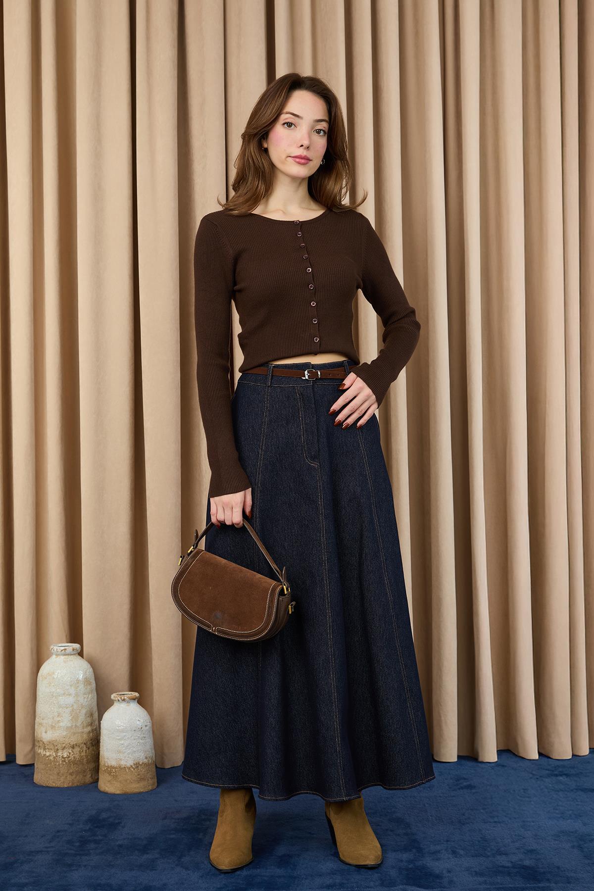 Genel Markalar  Kemerli Denim Etek - Lacivert