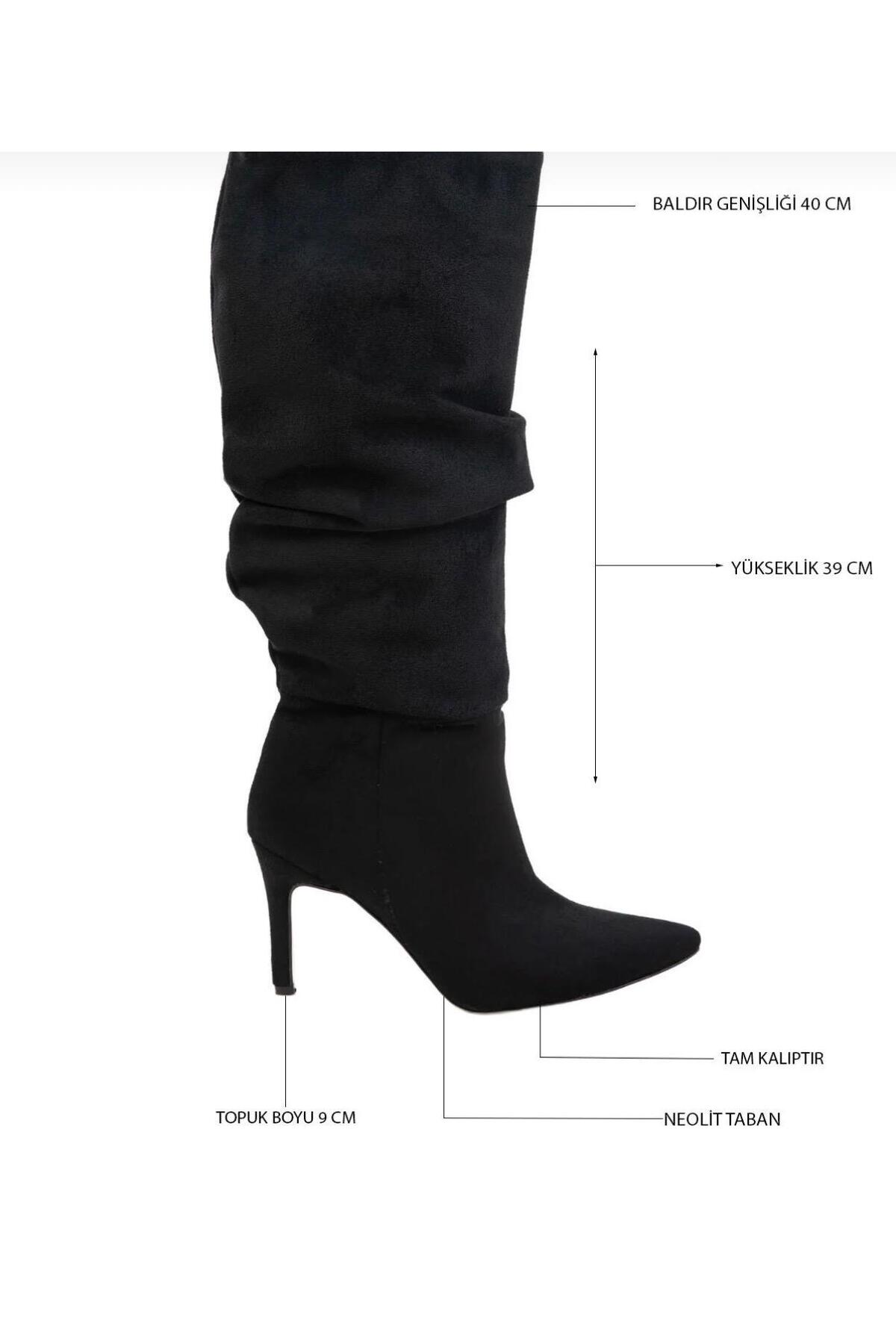 NITU Shoes Siyah Süet Körüklü Yüksek Topuklu Kadın Çizme görsel 4