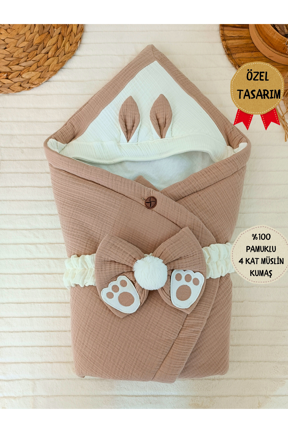 Tomuycuk 4 Kat Müslin Sütlü Kahve Bebek Kundağı Unisex Dış Kundak Battaniyesi Hastane Çıkışı Hediyelik fotoğrafı 4 (önizleme)