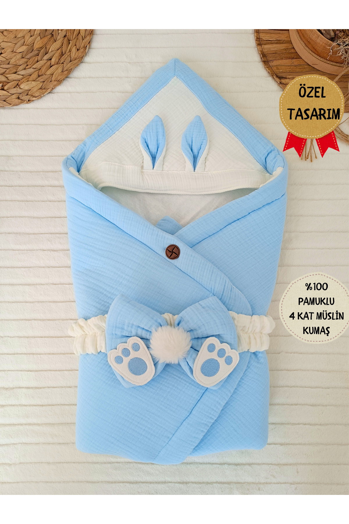 Tomuycuk 4 Kat Müslin Mavi Bebek Battaniyesi %100 Pamuklu Doğal Organik Uyku Kundağı Hastane Çıkışı fotoğrafı 5 (önizleme)