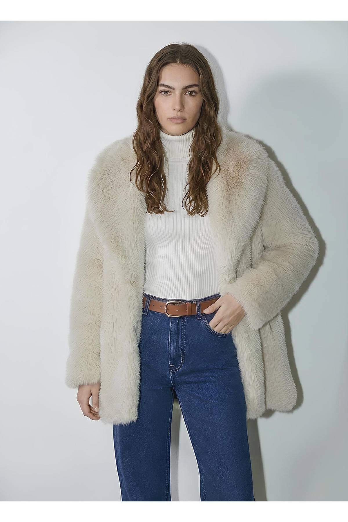 kear bunner  Geniş Yaka Suni Kürk Kaban - Görsel 3