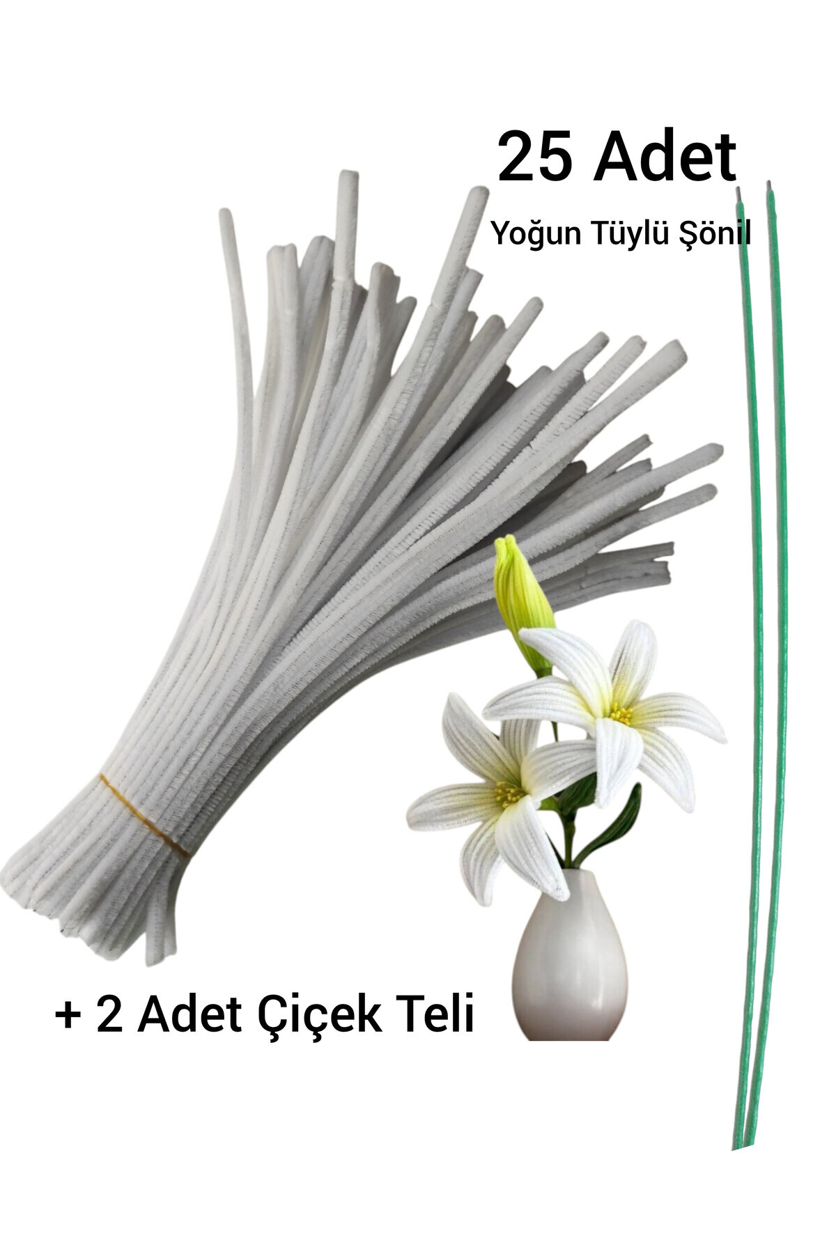 Butik 25 Adet Beyaz Şönil , Çiçek Yapımına Uygun Tüylü Tel, 30 Cm 6 Mm