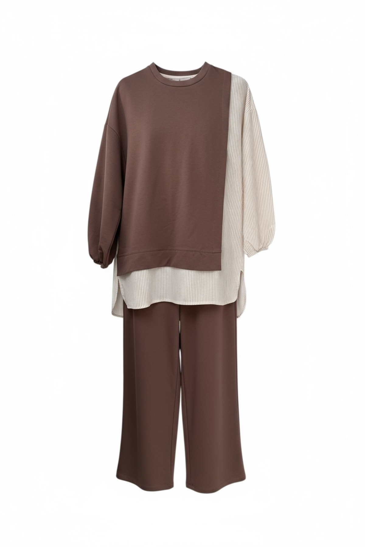 ASEL FASHİON  Kadın Tesettür Takım Line İkili Takım Gömlek Kahve - Görsel 9