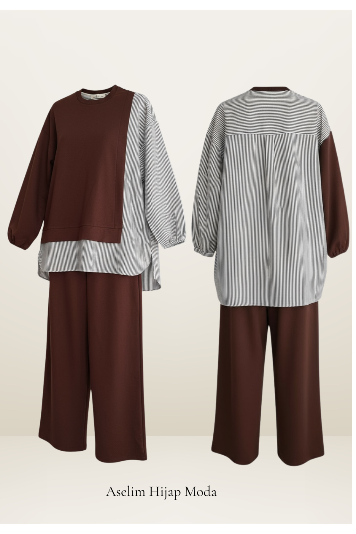 ASEL FASHİON  Kadın Tesettür Takım Line İkili Takım Gömlek Acıkahve - Görsel 7