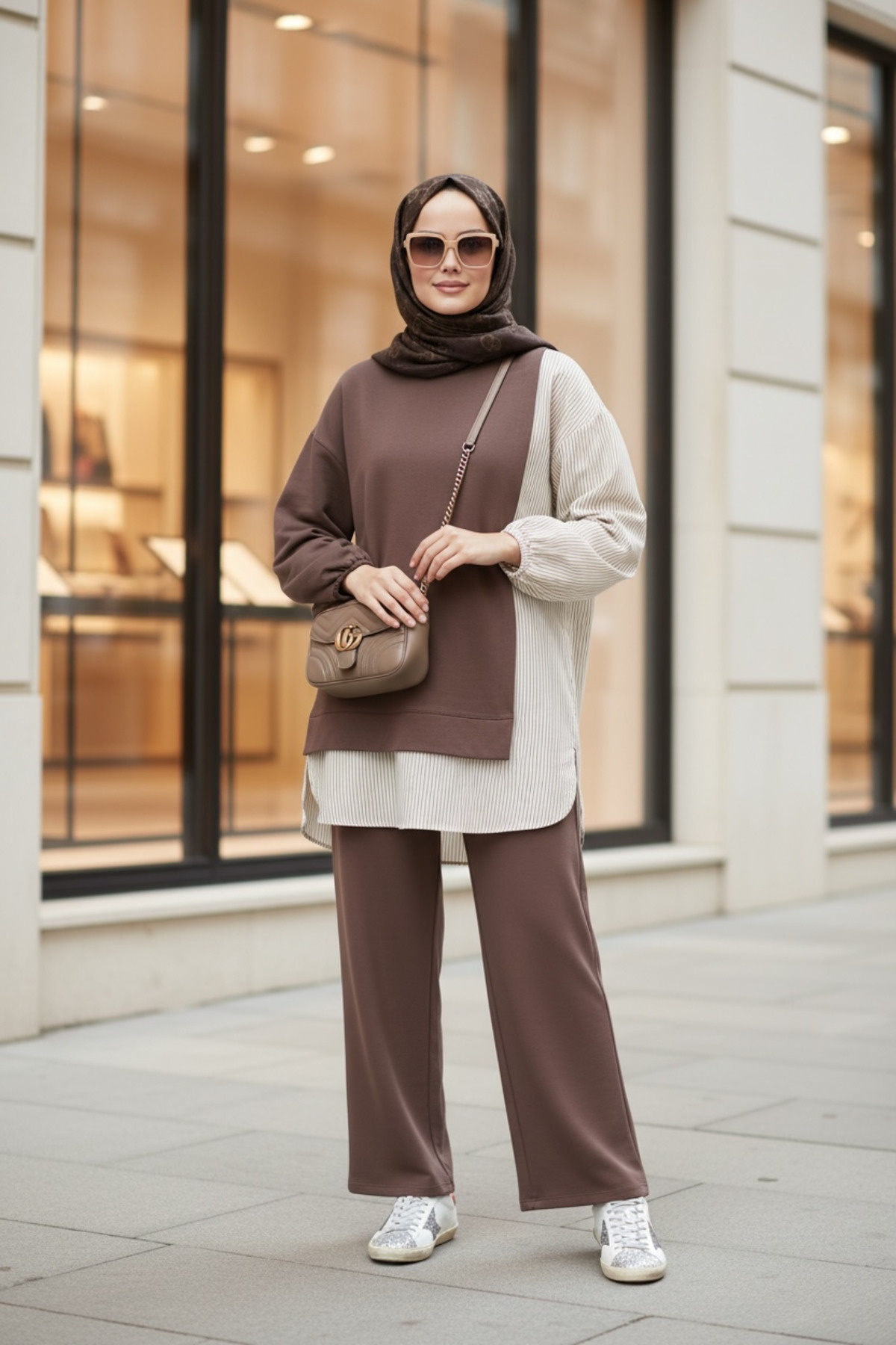 ASEL FASHİON  Kadın Tesettür Takım Line İkili Takım Gömlek Kahve - Görsel 3