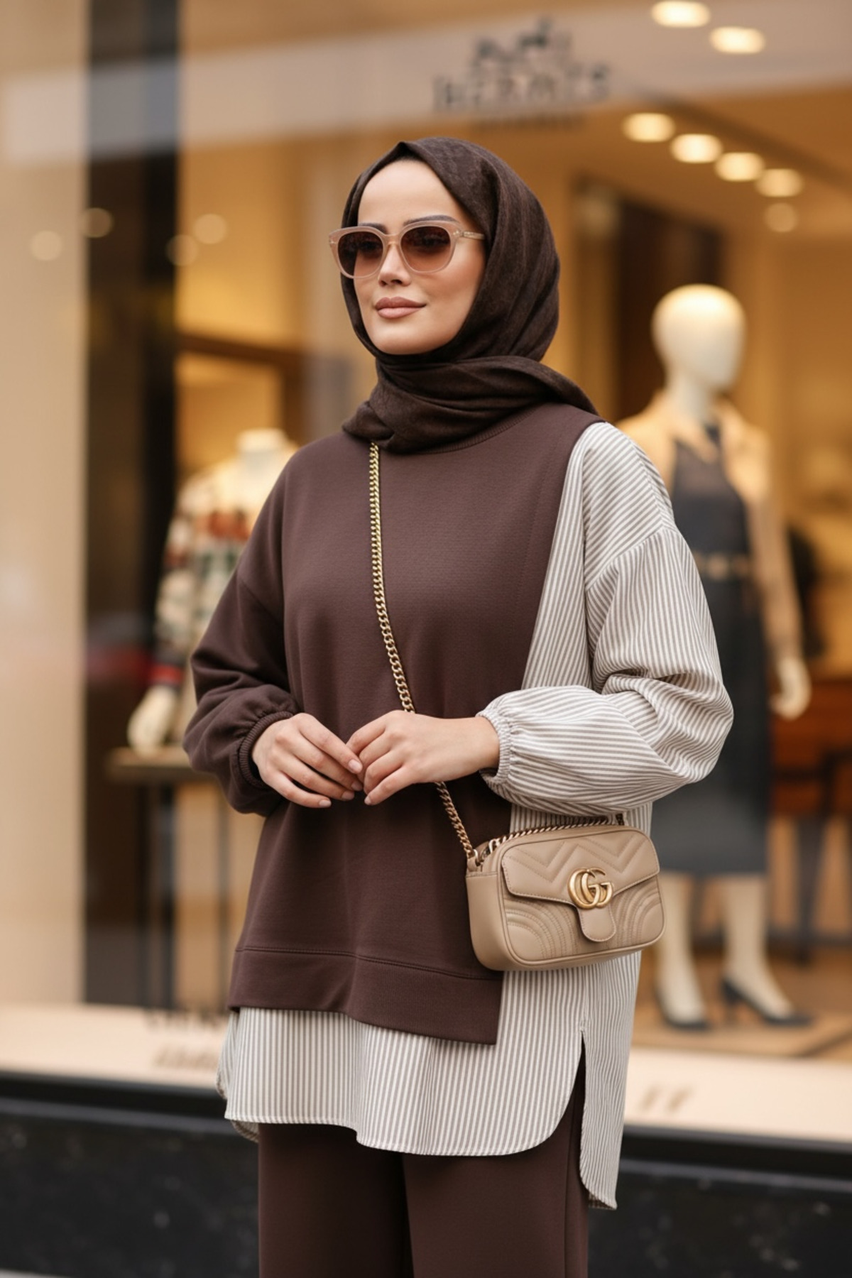 ASEL FASHİON  Kadın Tesettür Takım Line İkili Takım Gömlek Acıkahve - Görsel 3