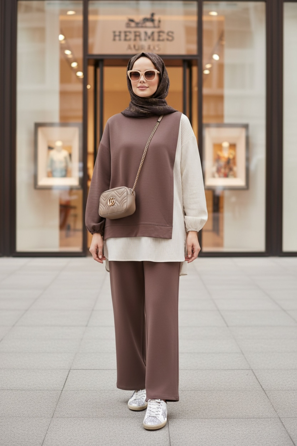 ASEL FASHİON  Kadın Tesettür Takım Line İkili Takım Gömlek Kahve - Görsel 4