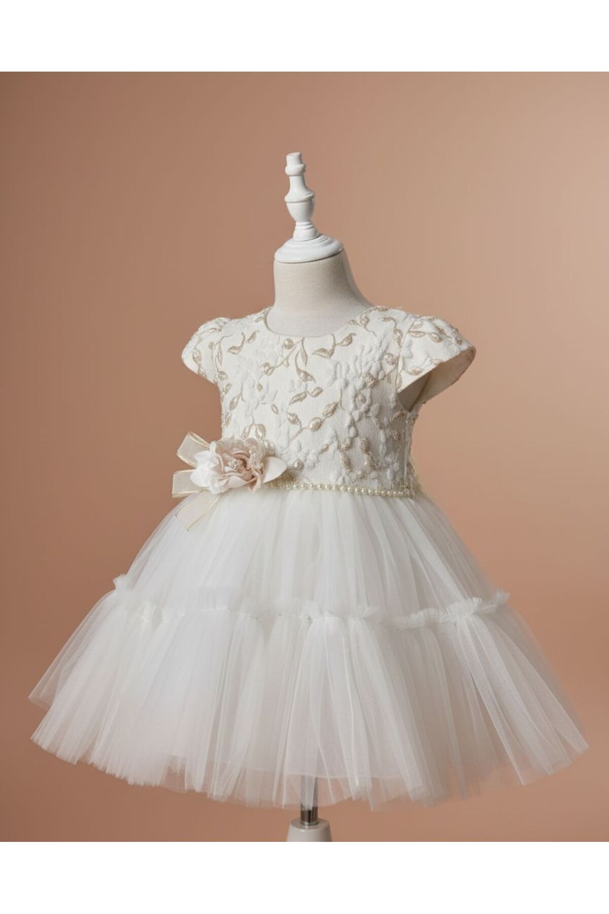 MİNİMONY 1-5 Yaş Kısa Kol Jakarlı Kız Bebek Çocuk Elbise Bayramlık Mezuniyet Balo Abiye Gelinlik Ekru 2028 fotoğrafı 2 (önizleme)