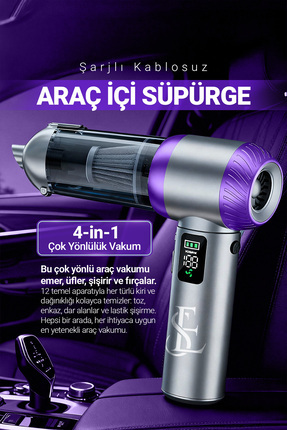 EN SİGA Şarjlı Kablosuz Araç İçi Süpürge | Güçlü Vakum | Fırçasız Motor | Üfl...