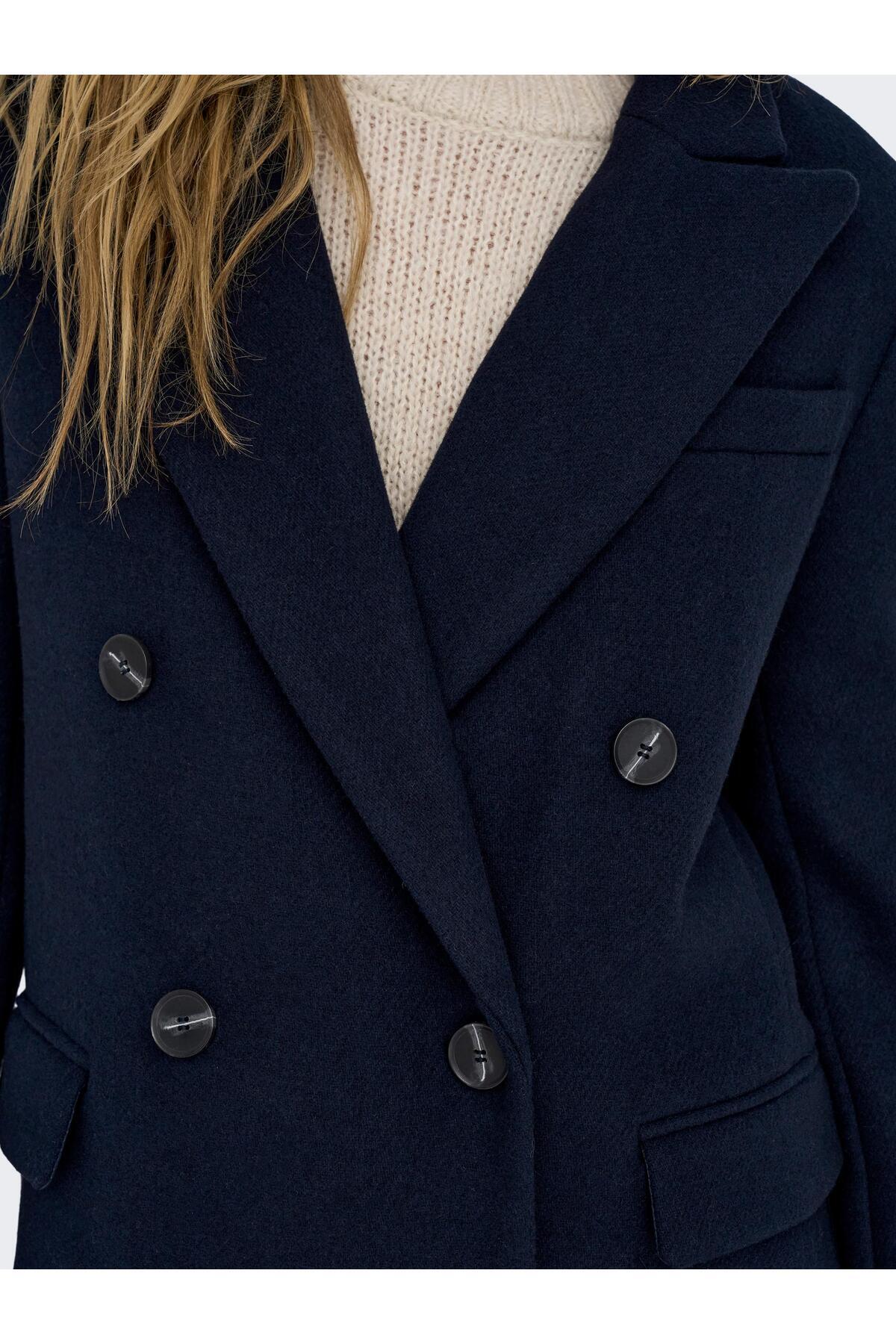 ONLY  ONLVICKY WOOL COAT Yün Karışımlı Kruvaze Yaka Düğme Kapamalı Kapak Cepli Astarlı Tek Yırtmaçlı Kaban - Görsel 8