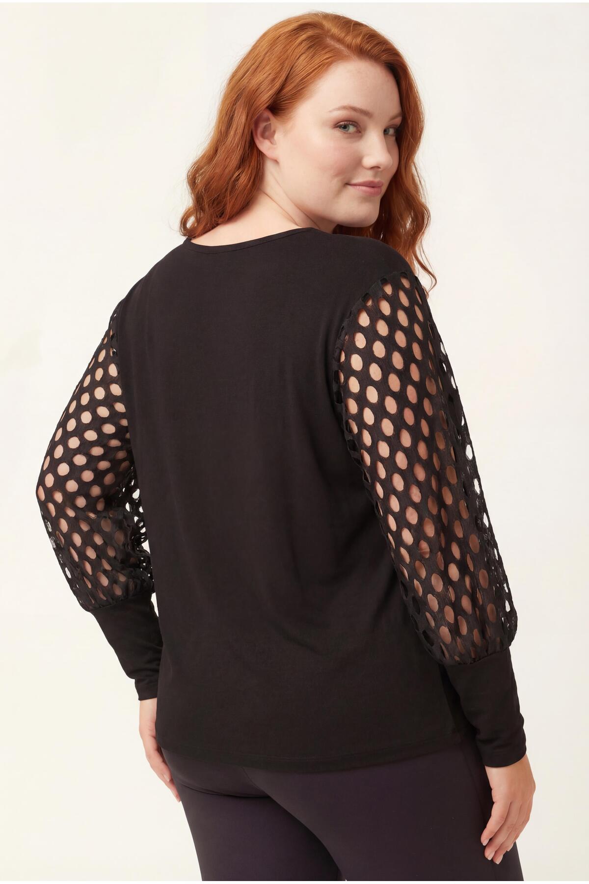 Ebsumu  Kadın Büyük Beden Transparan File Kol Detaylı Siyah Bluz - Görsel 6