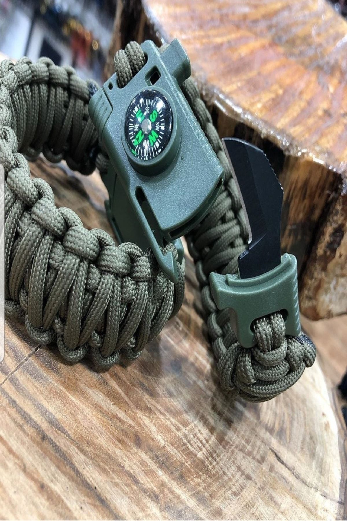 PARACORD Erkek Yeşil Bileklik Bıçak Pusula Ateş Başlatıcı Magnezyum ve İkaz Düdüğü