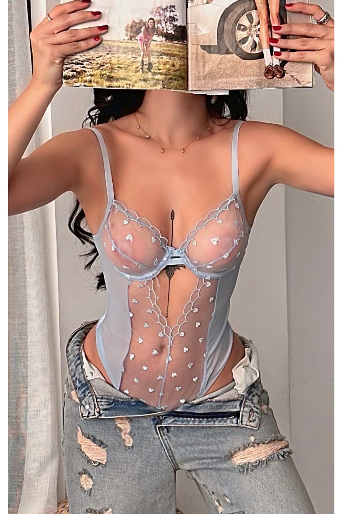 Blue Heart Embroidered Transparent Tulle Bodysuit – Underwired Bodysuit Romantic Underwear