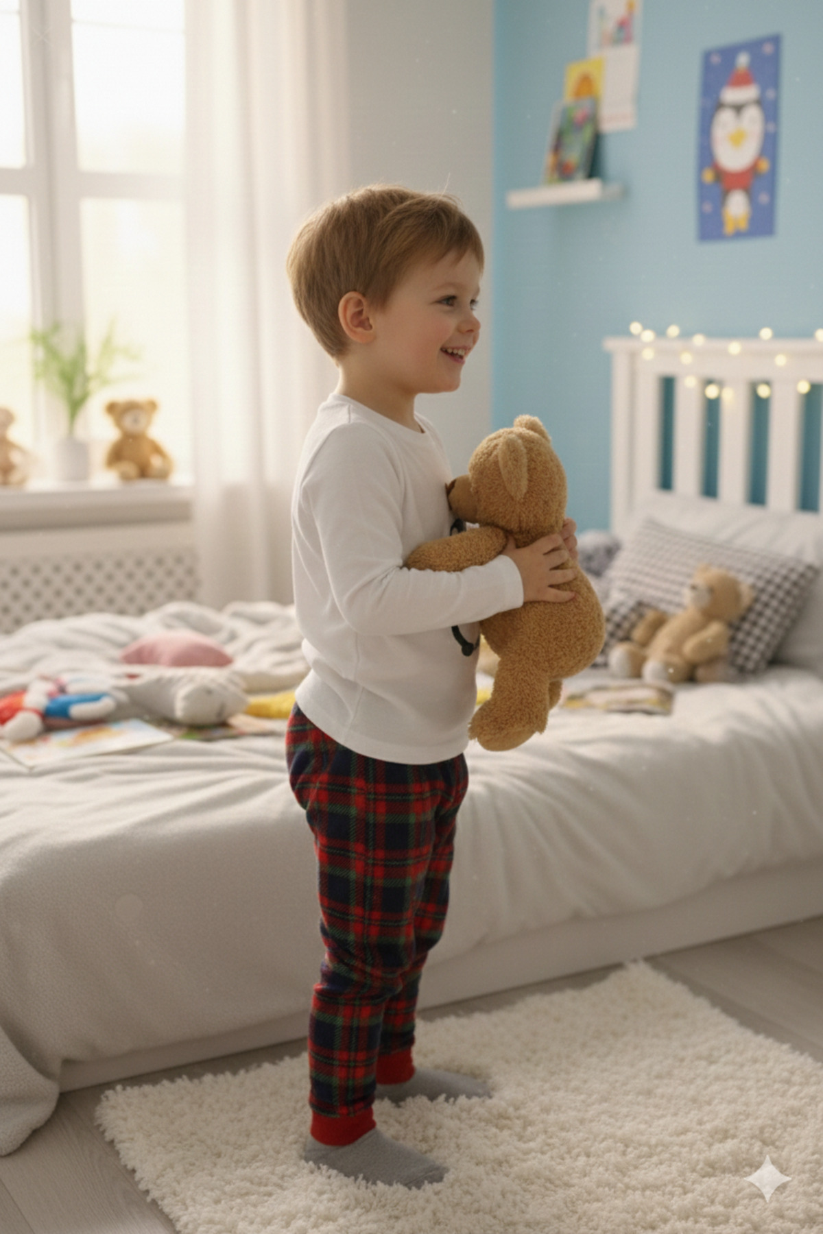 DOFİ Erkek Çocuk Kışlık Ekose Pijama Takımı – Penguen Baskılı, Bisiklet Yaka, Manşetli Paça fotoğrafı 3 (önizleme)