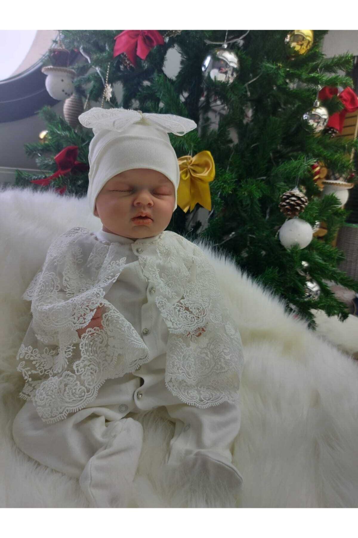 Şeker Tadında Tasarımlar Kız Bebek Ekru Fransız Güpür Detaylı Tulum Seti,Mevlit Takımı fotoğrafı 2 (önizleme)
